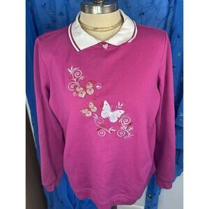 Vtg 90s Cottage Granny Core Embroidered Butterfly Double Collar Pullover Large